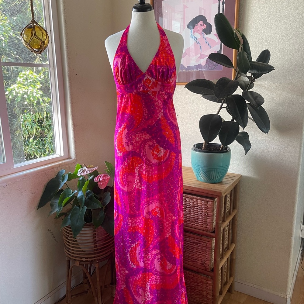 VINTAGE Vibrant Pink Halter Maxi Dress